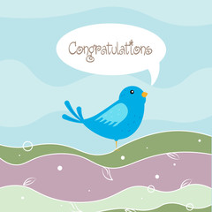 Naklejka premium Funny cartoon blue bird in the forest with text Congratulations