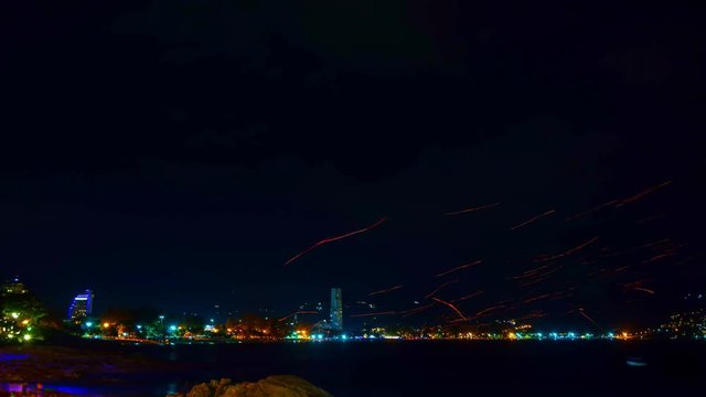 Time Lapse of Fireworks Happy new year 2019 at Patong beach city Thailand