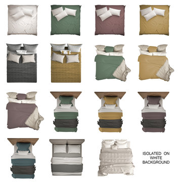 Set of 15 modern monochrome and colored beds, single and double bed, pillows, headboard and blankets, isolated on white background, above, plan, top view