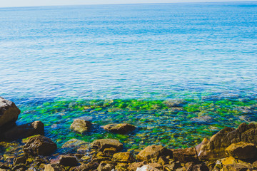 The incredible seascaping view of beach with blue sea in morocco in summer
