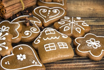 Homemade gingerbread cookies on a wooden table