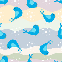 Seamless pattern with funny blue bird on colorful background