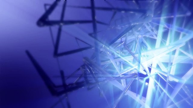 fast moving abstract explosion rectangle in glowing light blue background.  3D abstract rods line in blue and white tone background.  Recto linear objects fly by to create an animated background.