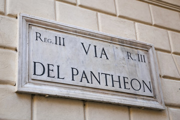Fototapeta premium Via Del Pantheon Street Sign in Rome, Italy