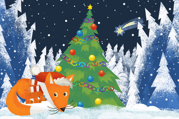 winter scene with forest animal little fox with santa claus hat in the forest with christmas tree - traditional scene - illustration for children