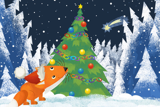 winter scene with forest animal little fox with santa claus hat in the forest with christmas tree - traditional scene - illustration for children
