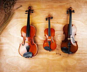 Fototapeta na wymiar Three different size of violins put on wooden board,show detail of acoustic instrument