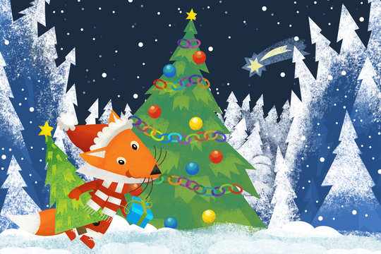 winter scene with forest animal little fox with santa claus hat in the forest with christmas tree - traditional scene - illustration for children