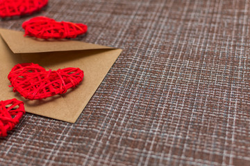 Kraft envelope and hearts. Valentine's day decoration