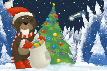 winter scene with forest animal santa claus bear in the forest near christmas tree - traditional scene - illustration for children