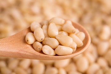 Peeled cedar kernels in a wooden spoon. Peeled pine nuts closeup.