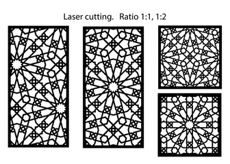 Set of decorative vector panels for laser cutting. Template for interior partition in arabesque style. Aspect ratio 1:1,1:2