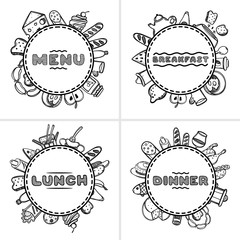 Set of 4 hand drawn menu for cafe with food. Sketch concept illustration.