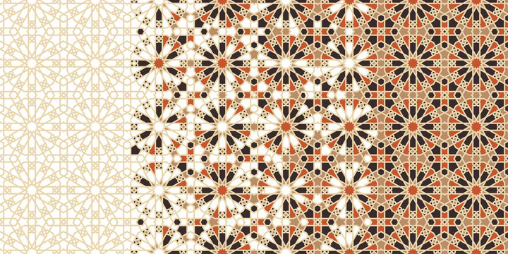 Tile repeating vector border. Geometric halftone pattern with color arabesque disintegration
