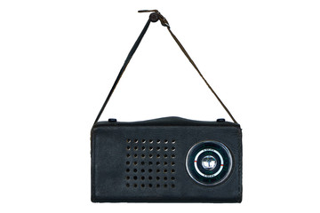 Old soviet radio in a leather case isolated on white background
