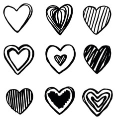 Hand drawn hearts collection. Love symbols, doodle style, valentine's day elements. Vector set for romantic design.