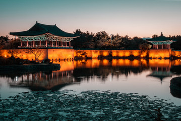 The pavilions of Anapji Pond reflected in the water in Gyeongju.The Gyeongju Historic Areas of...