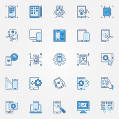 Mobile app development blue creative icons set. Vector mobile phone and tablet concept signs