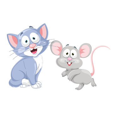 Vector Illustration Of Cartoon Cat And Mouse