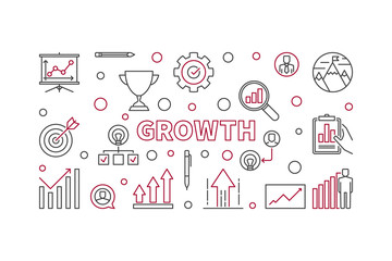 Growth concept horizontal illustration in thin line style. Vector outline banner on white background