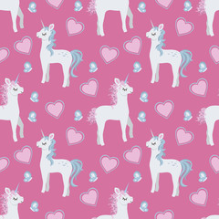 Cartoon style graphic illustration seamless pattern with cute cartoon style unicorns, hearts and butterflies on pink background © Firn