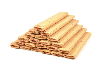 Waffle bar with jam isolated on white. Pyramid of waffers.