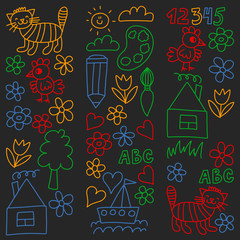 Kindergarten pattern, drawn kids garden elements pattern, doodle drawing, vector illustration, colorful.
