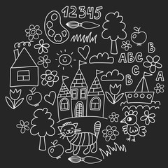 Kindergarten pattern, drawn kids garden elements pattern, doodle drawing, vector illustration, monochrome, black, white.