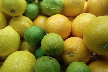 many lemons and green and yellow lime in the foreground almost form a pattern