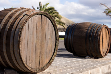 Big wooden wine barrels at the entrance to the vineyard. Lanzarote. Canary Islands. Spain