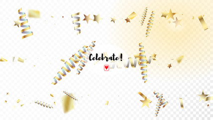 Modern New Year Confetti Realistic Falling Golden Tinsel.  Cool Rich VIP Christmas, New Year, Birthday Party Holiday Garland. Horizontal Fairy Explosion Background. New Year Confetti Golden Tinsel