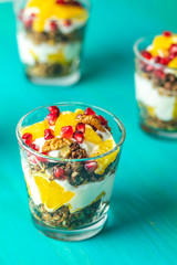Delicious healthy breakfast concept. Yogurt with granola
