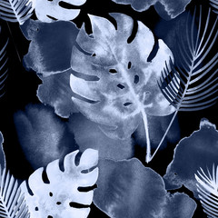 Modèle Sans Couture Aquarelle Tropicale, Mode Moderne Botanique. Design textile bohème exotique Monstera. Impressions de mode vintage d& 39 hiver, d& 39 été, motif floral peint éclectique. Gouttes et Monstera.