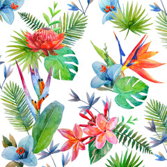 Pattern with watercolor tropical flowers, leaves and plants on white background. Hand painted jungle paradise background for textile.