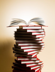 A spiral of stacks of books in the form of DNA and an open textbook at the top.