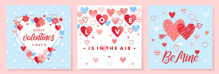Fototapeta premium Collection of creative Valentines Day cards.Hand drawn lettering with hearts,arrows and flowers.Romantic illustrations perfect for prints,flyers,posters,holiday invitations and more.