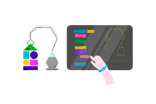 Baby hand on laptop is coding electronic machine. Children coding and code training design concept in flat style