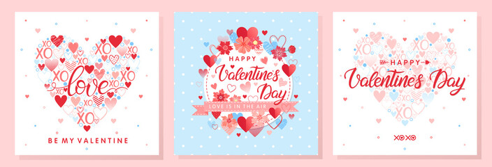 Collection of creative Valentines Day cards.Hand drawn lettering with hearts and flowers.Romantic illustrations perfect for prints,flyers,posters,holiday invitations and more.Valentines illustrations.