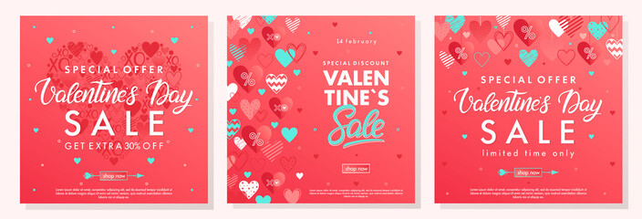 Valentines Day special offer banners with different hearts.Sale flyers templates perfect for prints, flyers, banners, promotions, special offers and more. Vector Valentines Day promotions. - obrazy, fototapety, plakaty