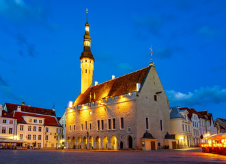 Tallinn City Hall on market square at night, Estonia