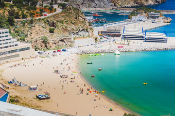 The incredible seascaping view of beach with blue sea in morocco in summer