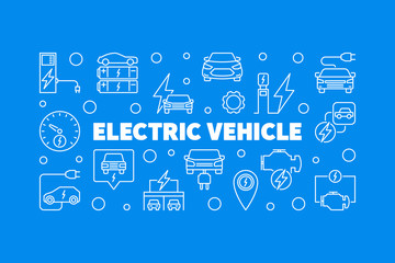 Electric vehicle horizontal outline banner. EV vector concept illustration on blue background