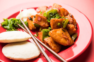 Schezwan Idli or manchurian Idly, tasty indo-chinese recipe. selective focus