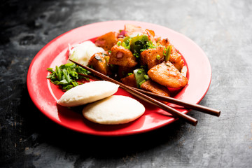 Schezwan Idli or manchurian Idly, tasty indo-chinese recipe. selective focus