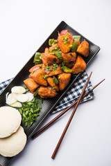 Schezwan Idli or manchurian Idly, tasty indo-chinese recipe. selective focus