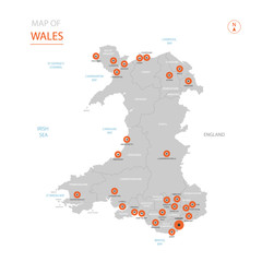 Stylized vector Wales map showing big cities, capital Cardiff, administrative divisions.