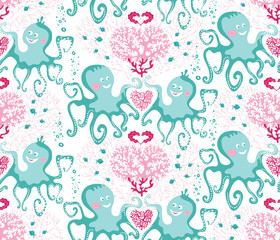 Vector seamless pattern of sea life with cute green octopuses and pink corals on white background