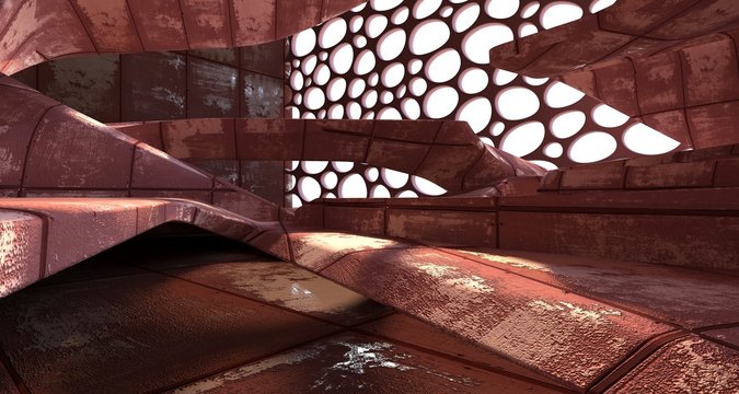 Empty smooth abstract room interior of sheets rusted metal . Architectural background. 3D illustration and rendering
