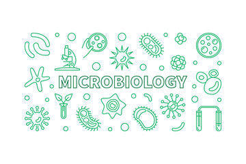 Microbiology horizontal banner. Vector bacteriology science green concept illustration in outline style on white background