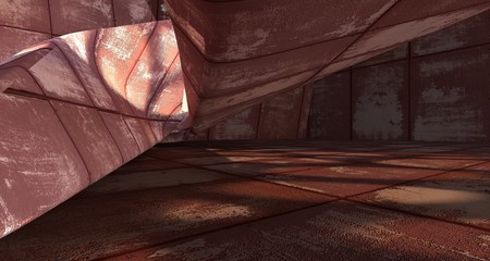 Empty smooth abstract room interior of sheets rusted metal . Architectural background. 3D illustration and rendering